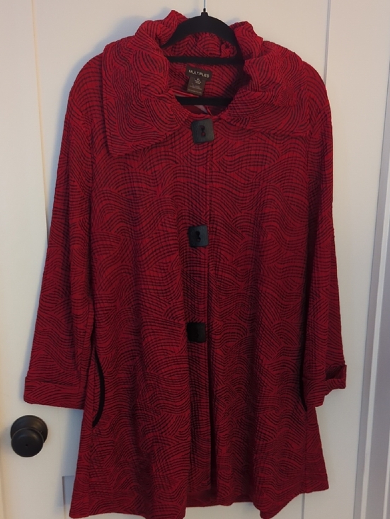 Multiples Jackets & Blazers - Multiples Red Wave-Pattern Cape Coat with Black Buttons